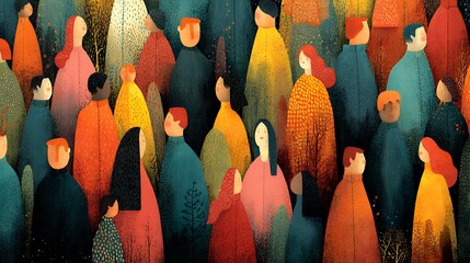 Stylized crowd of people with textured clothing and abstract photo background diversity community
