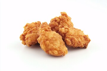 Delicious closeup of fried chicken wings, a tasty food snack, isolated on a white background
