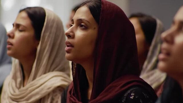 Diverse group of women praying together in a church with natural lighting