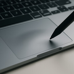 Stylus pen touching laptop touchpad modern workspace technology concept, digital drawing input device on notebook computer, creative workflow, graphic design control, productivity and precision intera