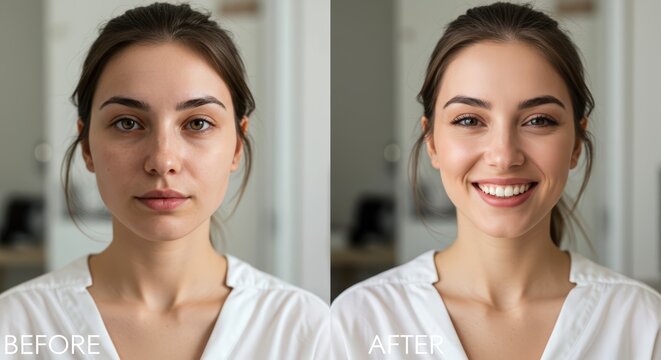 Split screen, young tired woman before and happy smiling after light fresh natural makeup and face massage. Subtle but great changes after a day of rest. Young mum concept, self-care, rest