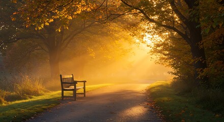 Golden light bathes a misty autumn path, revealing a tranquil scene with a solitary wooden bench nestled among vibrant fall foliage, evoking peace and natural beauty