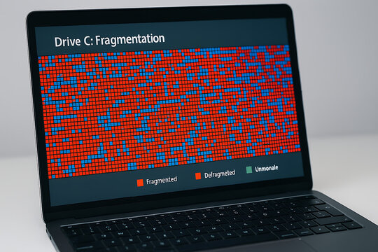 Laptop displaying drive C fragmentation analysis with red blue block pattern showing disk performance degradation, storage optimization concept illustrating computer file system disorder and need for 