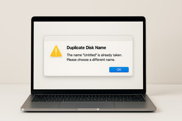 Laptop showing duplicate disk name warning alert on screen, system error message indicating naming conflict, storage drive identification issue, computer notification concept for troubleshooting and f