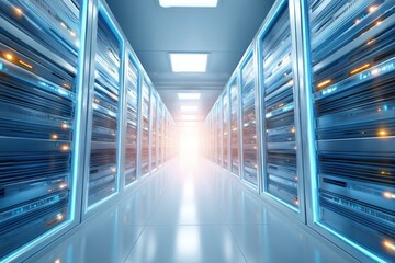 Fototapeta premium Futuristic data center corridor with illuminated server racks