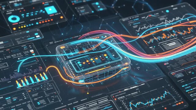 High-tech digital dashboard displaying complex analytics, charts, and flowing data streams. Perfect for illustrating big data, machine learning, and modern technology concepts.