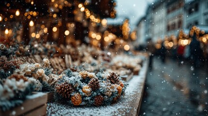 Christmas market in winter with festive decorations and snowflakes gently falling