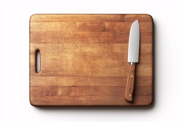 Isolated brown wooden cutting board and kitchen knife preparation tool