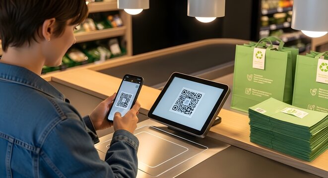 Customer Making Contactless QR Code Payment at Supermarket Checkout. - Powered by Adobe