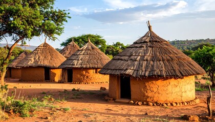 Unique round huts surrounded by nature in a traditional village setting during warm daylight hours