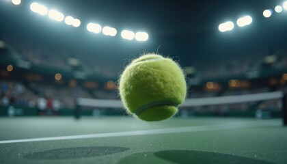 Tennis ball in mid-air just above the surface of tennis court, bright stadium lights on background. Tennis tournaments, professional sports