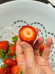 A freshly cut strawberry being held over a bowl of more strawberries. There is copy space in the image.