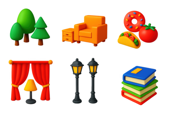 Variety of objects, including a chair, a couch, a lamp, a book, a donut