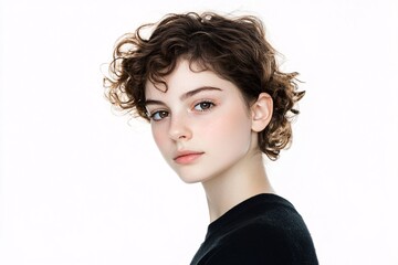 Portrait of a young woman smiling with curly brunette hair and beautiful closeup face fashion model eyes