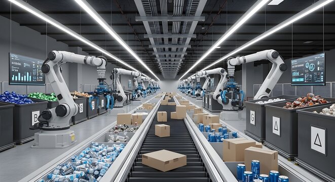 Futuristic smart factory with robotic arms sorting packages on conveyor belts.