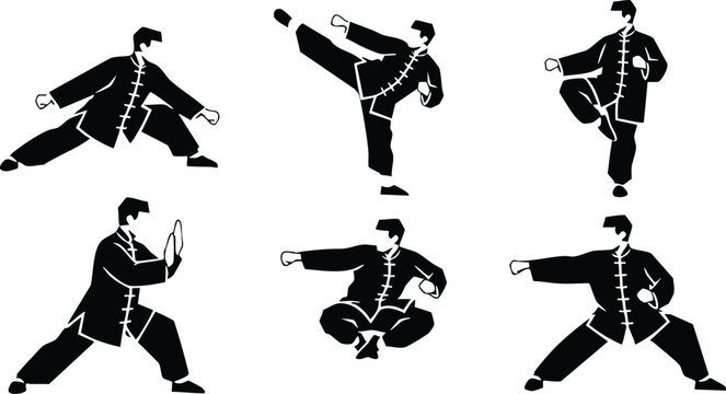 Martial arts kung fu poses vector set with six black silhouette figures demonstrating traditional Chinese fighting stances 