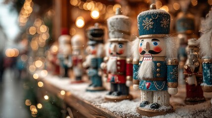 Colorful nutcracker figurines stand proudly on display at a festive market