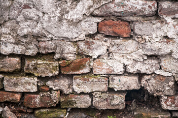 Old brick wall crumbling plaster creating textured background