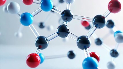 Close up of a molecular structure model with colorful atoms connected by bonds, symbolizing scientific research, chemistry, and molecular biology. Perfect for educational and scientific concepts. - Powered by Adobe