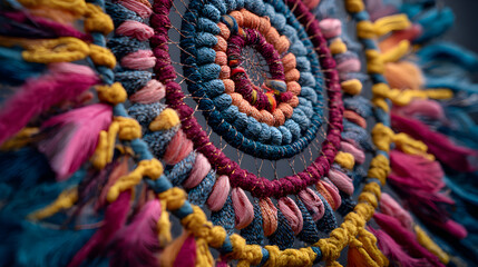 Colorful Boho texture displays an eye-catching close-up shot of Dreamcatcher with pink, blue, and yellow. Perfect for backgrounds, or creative projects.