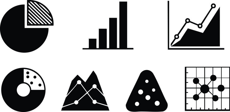 Data visualization icons set including pie charts, bar charts, line graphs, and scatter plots vector illustration collection 