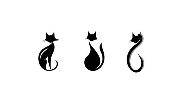 Set of three elegant black cat silhouettes, abstract and minimalist graphic design elements on a white background, perfect for logos or decor.