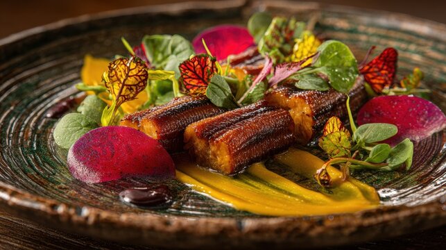 Elegant gourmet dish featuring glazed eel on a decorative plate with edible flowers, microgreens, and colorful vegetable purees in fine dining presentation - Powered by Adobe