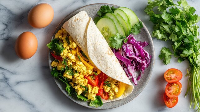Healthy breakfast wrap filled with scrambled tofu, colorful peppers, avocado, and purple cabbage slaw on ceramic plate with fresh ingredients surrounding
