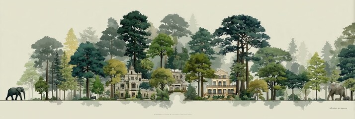 Countryside mansion with tall green trees and lake reflection for serene editorial design.