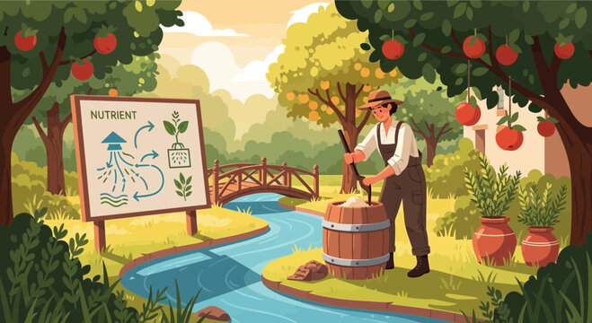 Illustration of a farmer preparing nutrients for hydroponic gardening beside a flowing stream