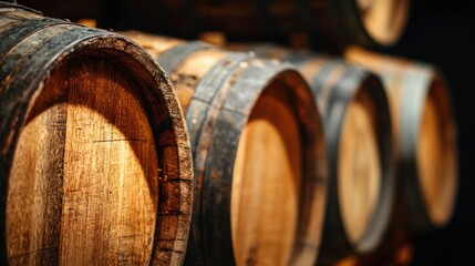Stacked Oak Wine Barrels Create a Warm and Inviting Atmosphere in a Dark, Quiet Cellar