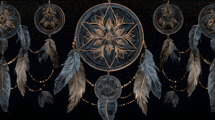 Gold dreamcatchers glow against a dark starlit backdrop. Use for digital designs, invitations, posters, and spiritual branding materials.