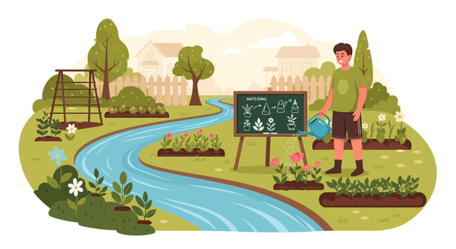 Man teaching garden watering techniques for healthy plant growth illustration