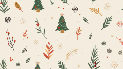 Minimalist Scandinavian Christmas nature pattern tiny hand-drawn icons holly leaves pine sprigs geometric trees snowflakes warm colors soft cream background clean modern nordic aesthetic