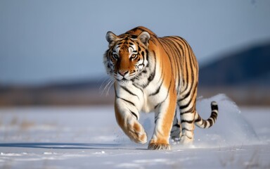 Tiger walking through snow with snow spraying from its paws animal wildlife