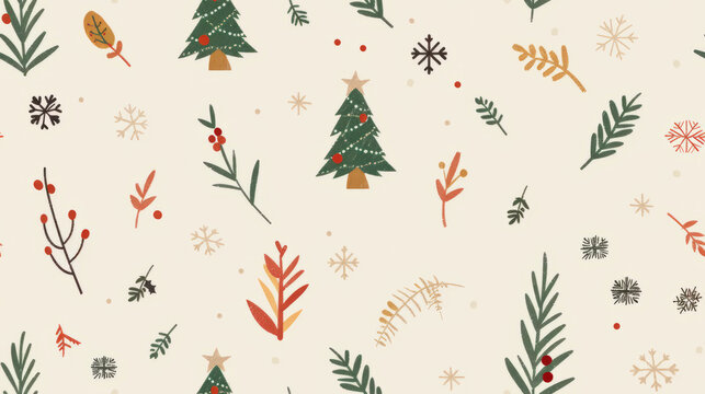 Minimalist Scandinavian Christmas nature pattern tiny hand-drawn icons holly leaves pine sprigs geometric trees snowflakes warm colors soft cream background clean modern nordic aesthetic