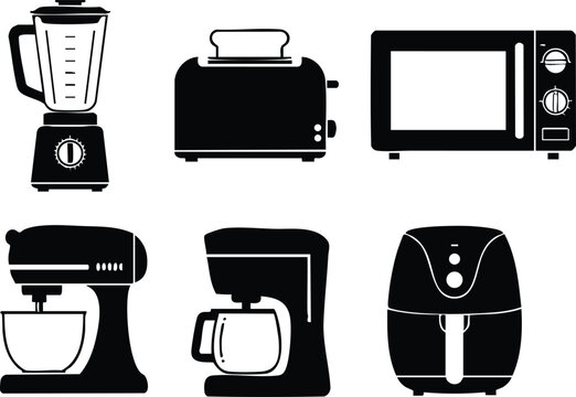 Kitchen appliances vector set including blender toaster microwave mixer coffee maker and air fryer icons illustration 