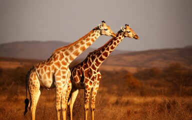 Two giraffes stand in a savanna bathed in warm sunlight africa wildlife