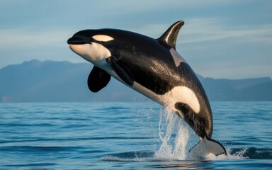 Orca whale breaching dramatically from deep blue ocean water with misty mountains background killer
