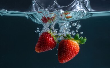 Two vibrant red strawberries plunging into clear water with splashes and bubbles strawberry fruit