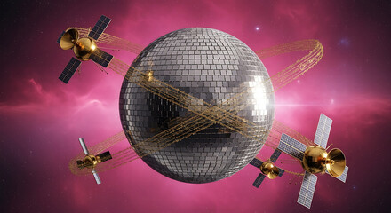 Futuristic disco ball planet concept with golden satellites orbiting in cosmic space, great for music themes, retro parties, and innovative tech promotions