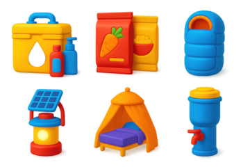 3D Humanitarian Aid Icons. 3D icon set of humanitarian aid supplies: hygiene kits, food ration packs, sleeping bags, solar