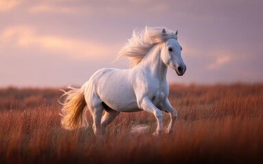 Majestic white horse with flowing mane running through tall grass at sunset animal mammal