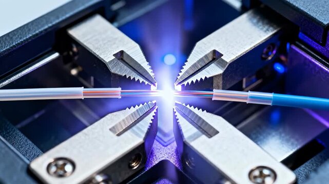 Close up of two fiber optic cables being fusion spliced by an industrial machine with a bright blue glow