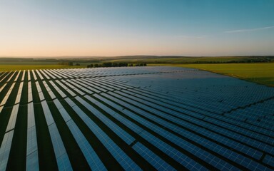 Vast solar panel farm stretches across green fields under a soft sunset sky panels energy