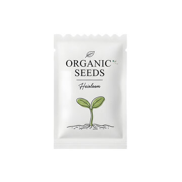 White packet of organic seeds with seedling illustration on transparent background