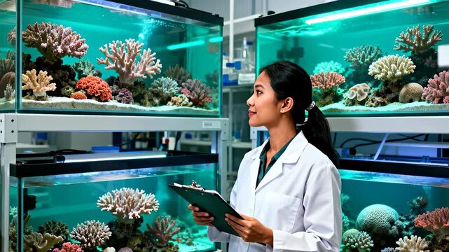 Female marine biologist in a lab coat observes and records data on coral growth in multiple large research aquariums
