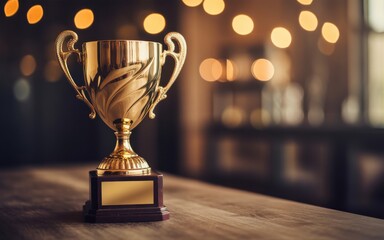 Golden trophy with ornate handles rests on a wooden surface with bokeh lights award prize