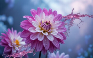 Vibrant pink and white dahlia flower with water splashes and dew drops purple