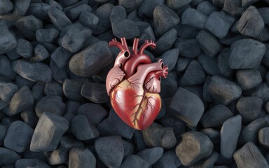 Realistic anatomical human heart resting on dark grey stones anatomy organ